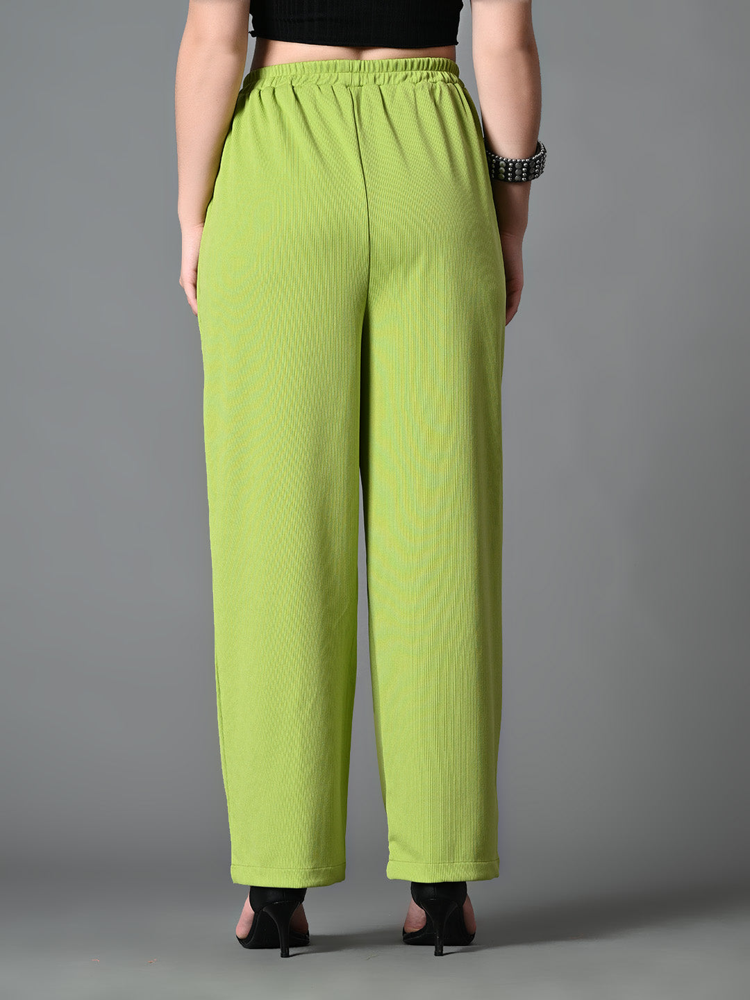 Myshka Women's Solid Ribbed High-Rise Wide Leg Casual Trousers in Green Color | Grocsy