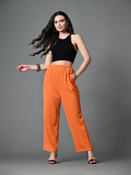 Myshka Women's Solid Ribbed High-Rise Wide Leg Casual Trousers in Orange Color | Grocsy