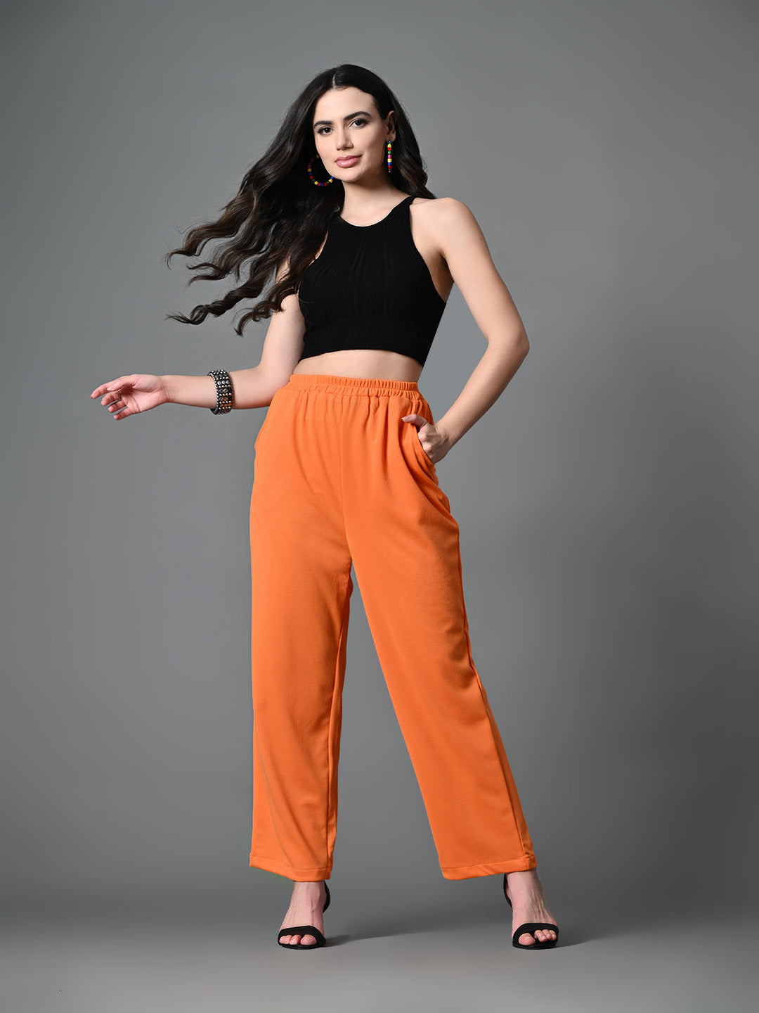 Myshka Women's Solid Ribbed High-Rise Wide Leg Casual Trousers in Orange Color | Grocsy