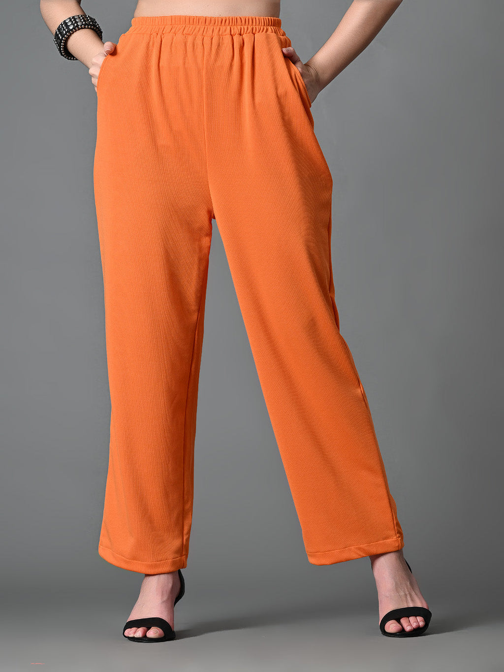 Myshka Women's Solid Ribbed High-Rise Wide Leg Casual Trousers in Orange Color | Grocsy