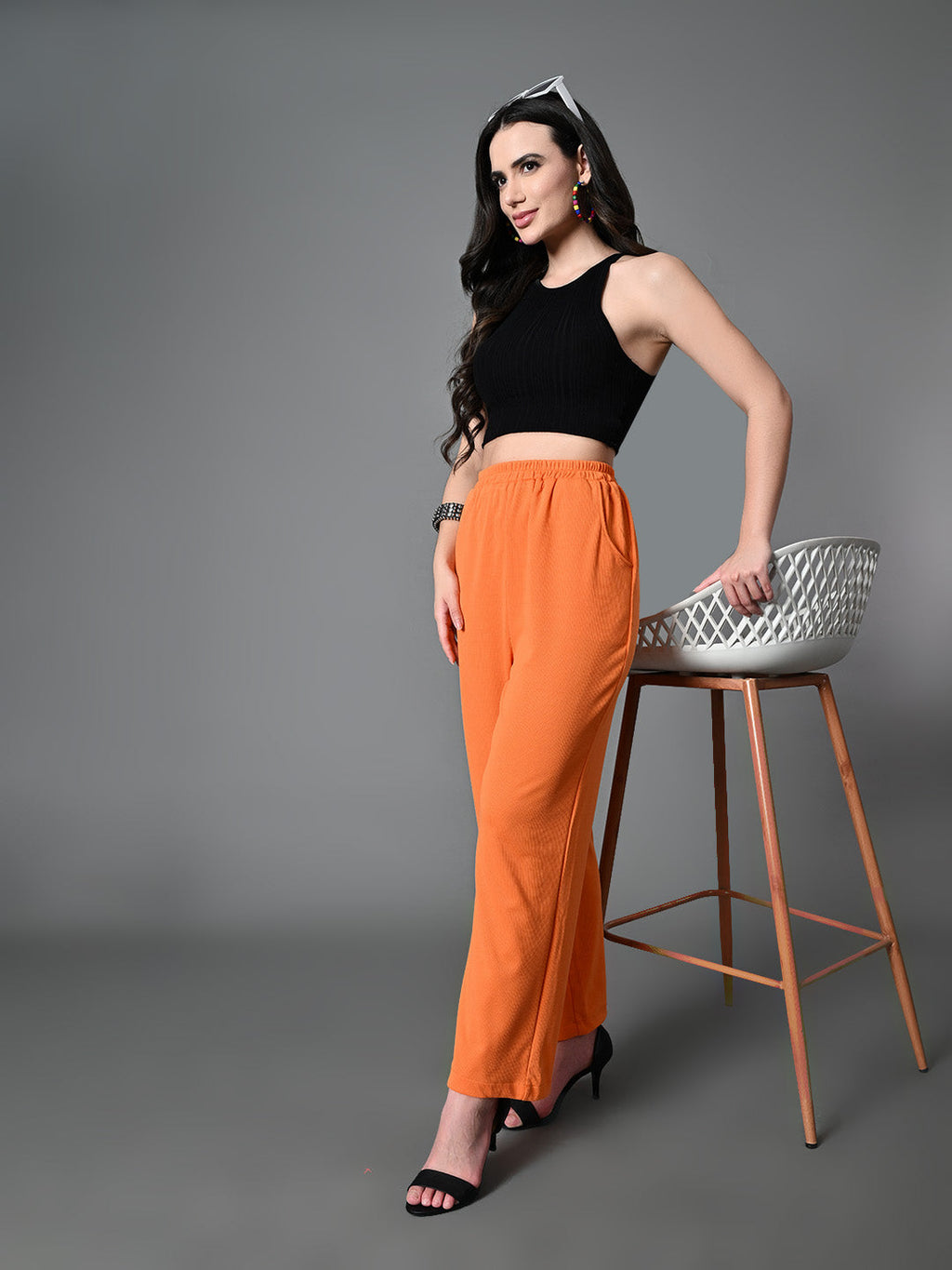 Myshka Women's Solid Ribbed High-Rise Wide Leg Casual Trousers in Orange Color | Grocsy