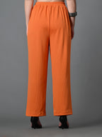 Myshka Women's Solid Ribbed High-Rise Wide Leg Casual Trousers in Orange Color | Grocsy