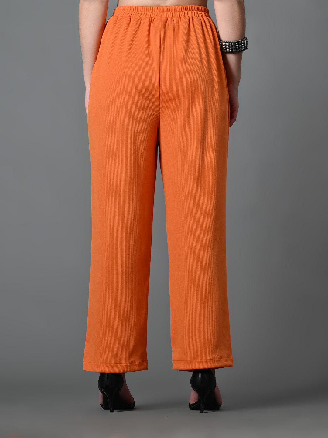 Myshka Women's Solid Ribbed High-Rise Wide Leg Casual Trousers in Orange Color | Grocsy