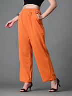Myshka Women's Solid Ribbed High-Rise Wide Leg Casual Trousers in Orange Color | Grocsy