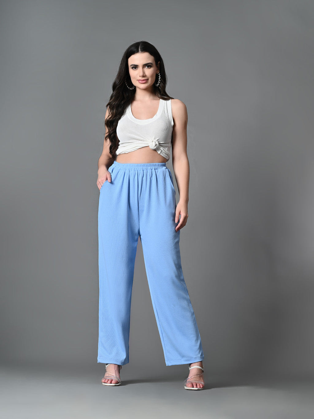 Myshka Women's Solid Ribbed High-Rise Wide Leg Casual Trousers in Blue Color | Grocsy