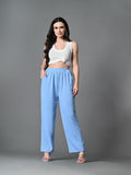 Myshka Women's Solid Ribbed High-Rise Wide Leg Casual Trousers in Blue Color | Grocsy