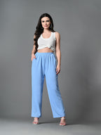 Myshka Women's Solid Ribbed High-Rise Wide Leg Casual Trousers in Blue Color | Grocsy