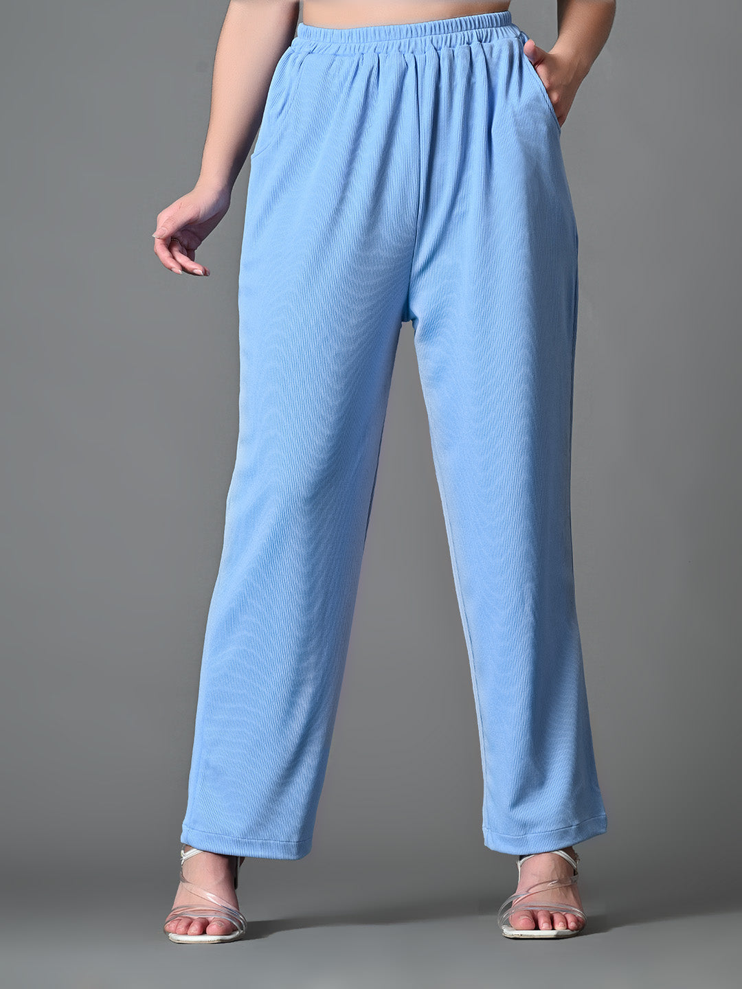 Myshka Women's Solid Ribbed High-Rise Wide Leg Casual Trousers in Blue Color | Grocsy