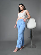 Myshka Women's Solid Ribbed High-Rise Wide Leg Casual Trousers in Blue Color | Grocsy
