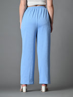 Myshka Women's Solid Ribbed High-Rise Wide Leg Casual Trousers in Blue Color | Grocsy