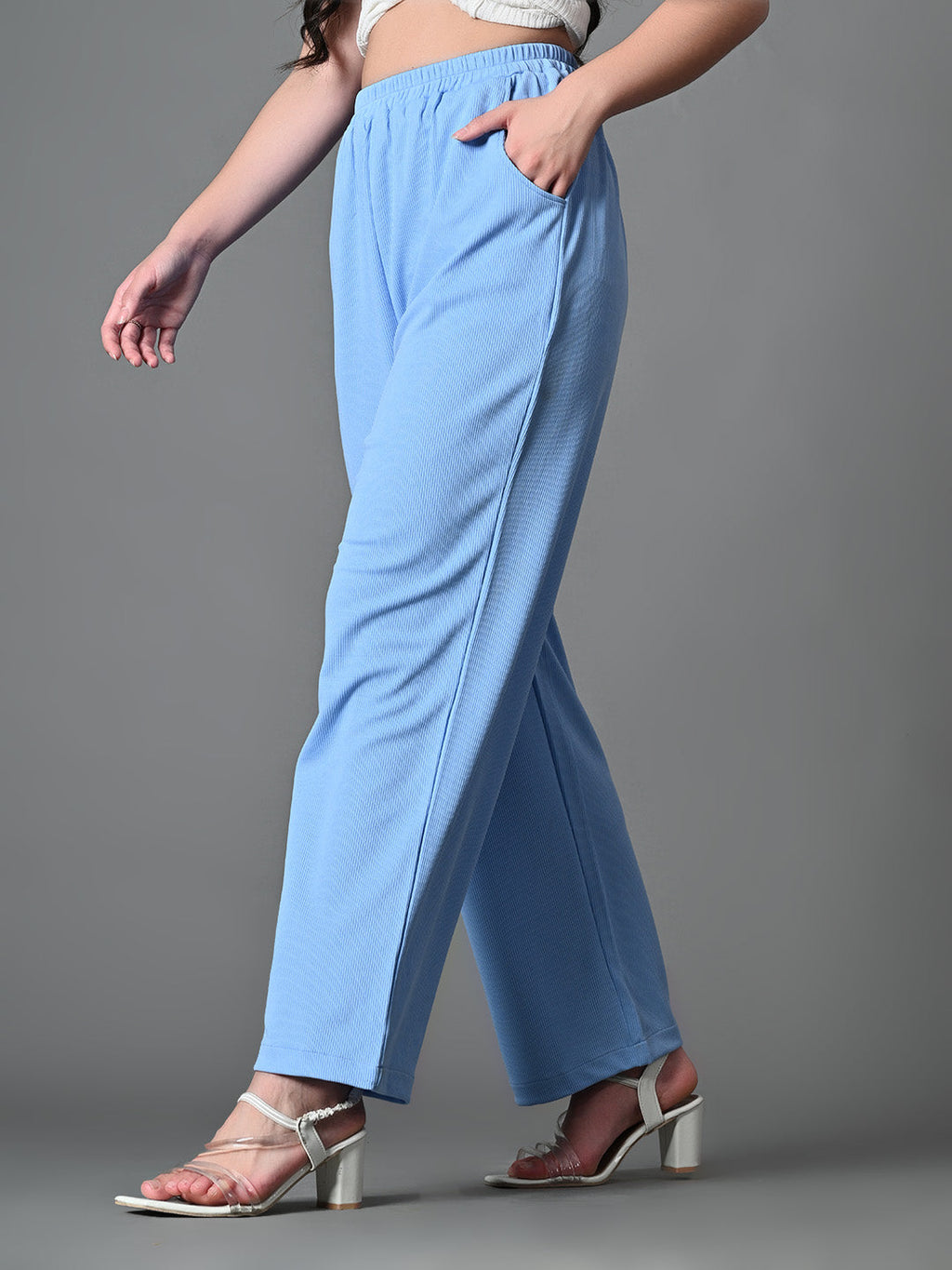 Myshka Women's Solid Ribbed High-Rise Wide Leg Casual Trousers in Blue Color | Grocsy
