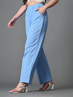 Myshka Women's Solid Ribbed High-Rise Wide Leg Casual Trousers in Blue Color | Grocsy