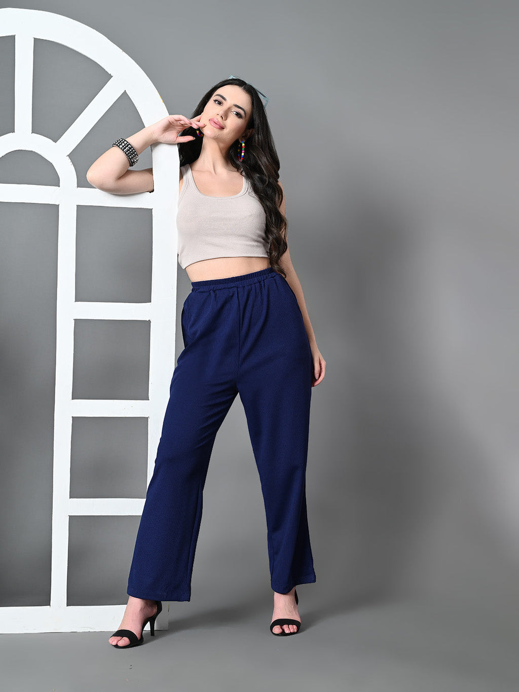 Myshka Women's Solid Ribbed High-Rise Wide Leg Casual Trousers in Navy Blue Color | Grocsy