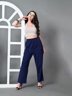 Myshka Women's Solid Ribbed High-Rise Wide Leg Casual Trousers in Navy Blue Color | Grocsy