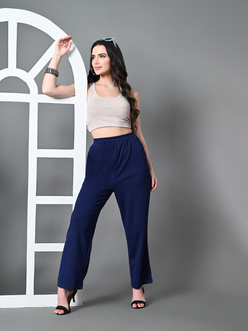 Myshka Women's Solid Ribbed High-Rise Wide Leg Casual Trousers in Navy Blue Color | Grocsy