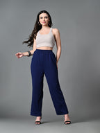 Myshka Women's Solid Ribbed High-Rise Wide Leg Casual Trousers in Navy Blue Color | Grocsy