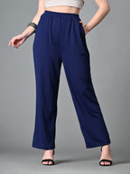 Myshka Women's Solid Ribbed High-Rise Wide Leg Casual Trousers in Navy Blue Color | Grocsy