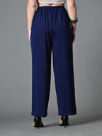 Myshka Women's Solid Ribbed High-Rise Wide Leg Casual Trousers in Navy Blue Color | Grocsy