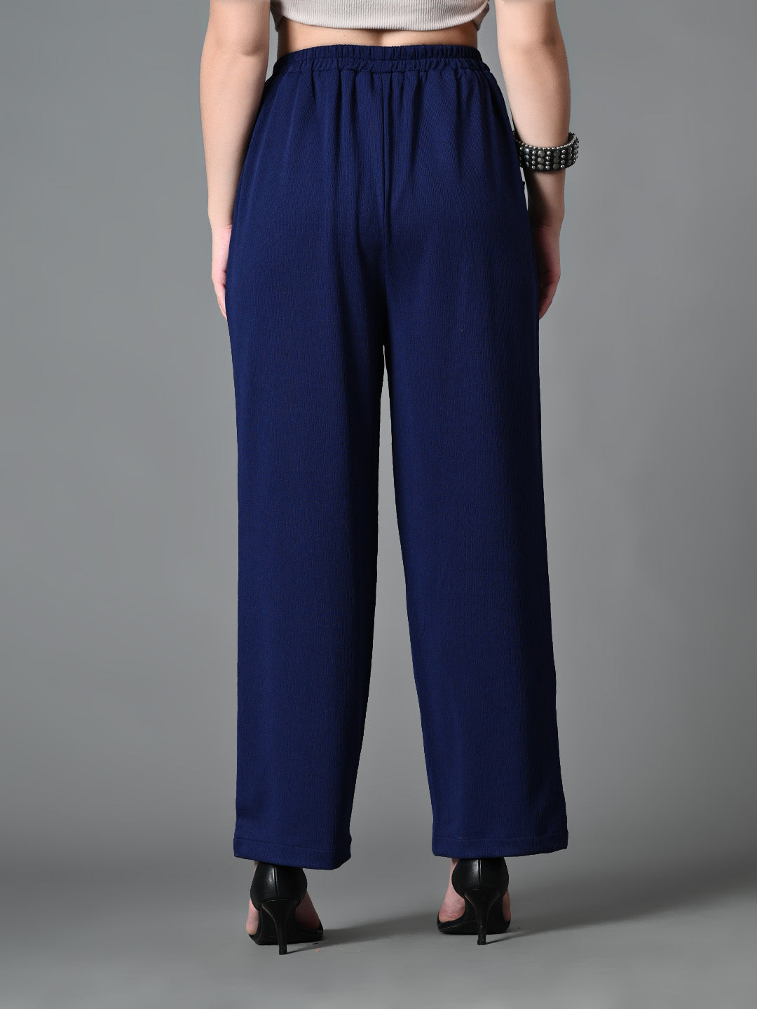 Myshka Women's Solid Ribbed High-Rise Wide Leg Casual Trousers in Navy Blue Color | Grocsy
