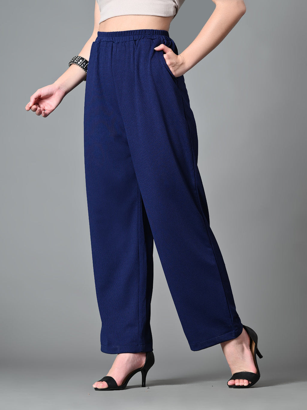 Myshka Women's Solid Ribbed High-Rise Wide Leg Casual Trousers in Navy Blue Color | Grocsy