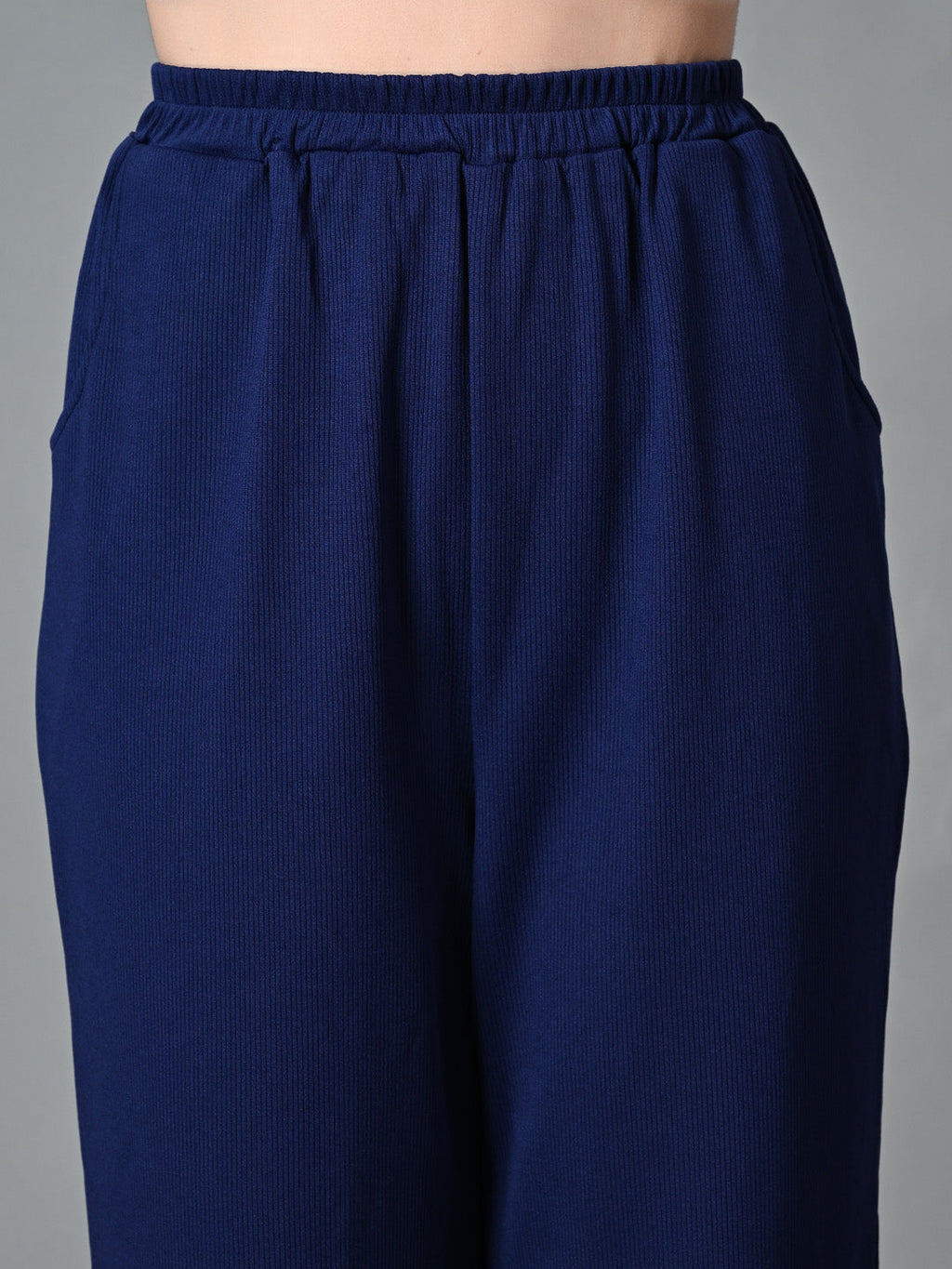 Myshka Women's Solid Ribbed High-Rise Wide Leg Casual Trousers in Navy Blue Color | Grocsy
