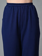 Myshka Women's Solid Ribbed High-Rise Wide Leg Casual Trousers in Navy Blue Color | Grocsy