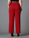 Myshka Women's Solid Ribbed High-Rise Wide Leg Casual Trousers in Maroon Color | Grocsy