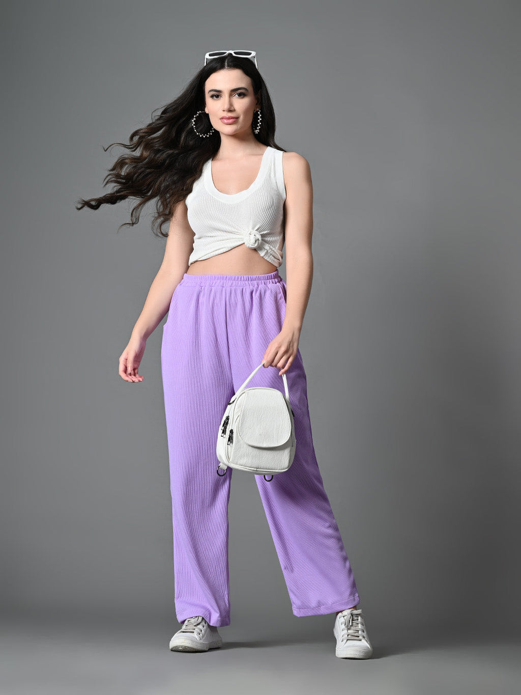 Myshka Women's Solid Ribbed High-Rise Wide Leg Casual Trousers in Lavender Color | Grocsy