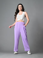 Myshka Women's Solid Ribbed High-Rise Wide Leg Casual Trousers in Lavender Color | Grocsy