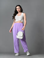 Myshka Women's Solid Ribbed High-Rise Wide Leg Casual Trousers in Lavender Color | Grocsy