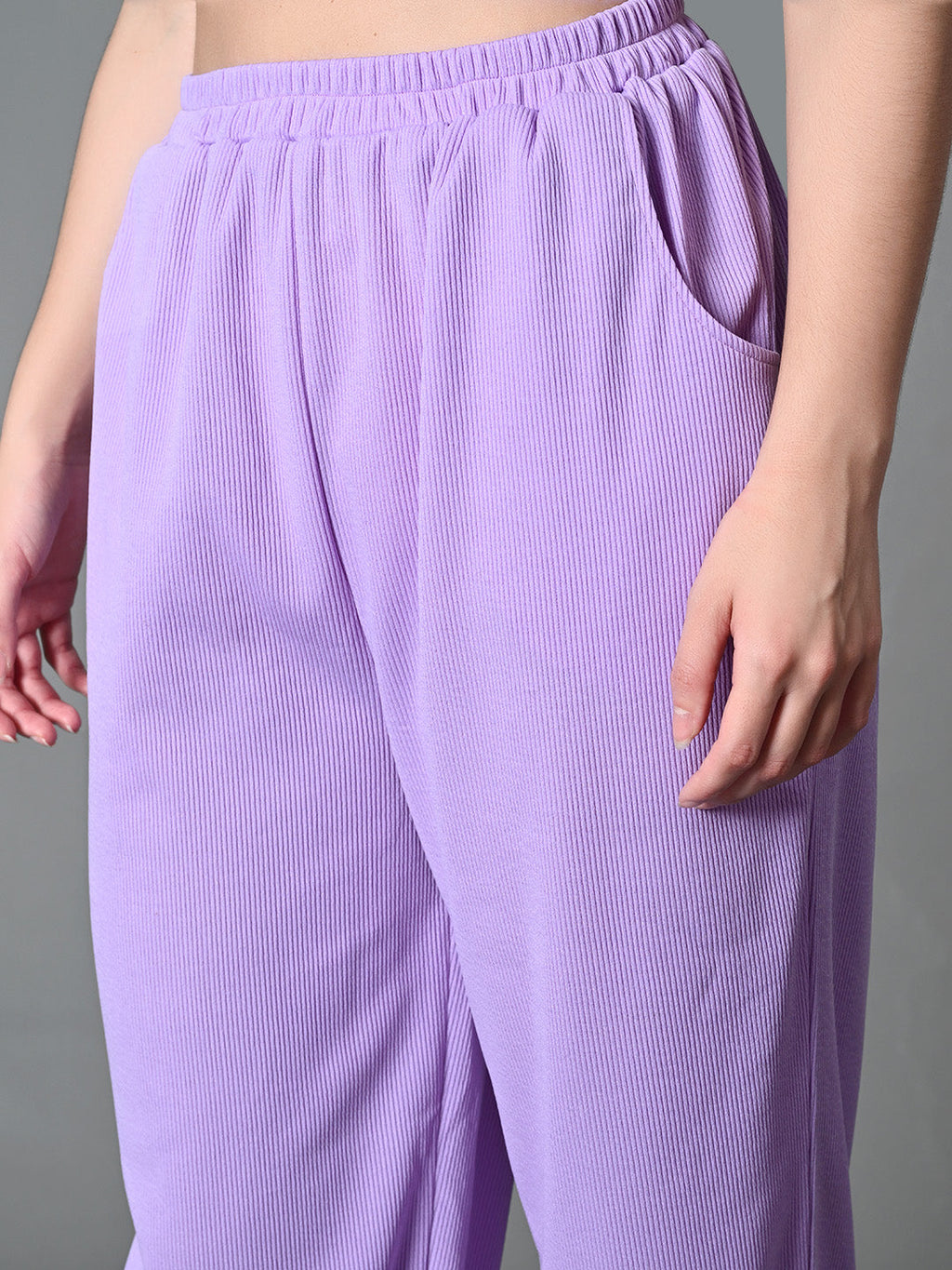 Myshka Women's Solid Ribbed High-Rise Wide Leg Casual Trousers in Lavender Color | Grocsy