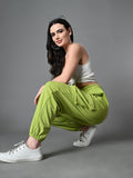 Myshka Women's Solid Ribbed High-Rise Cargo Style Casual Trousers in Green Color | Grocsy