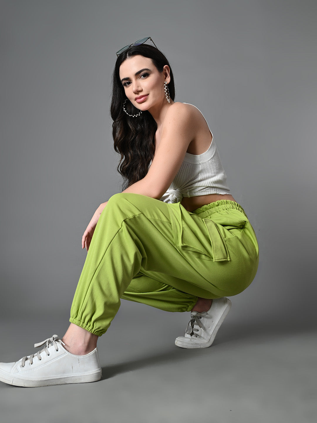 Myshka Women's Solid Ribbed High-Rise Cargo Style Casual Trousers in Green Color | Grocsy