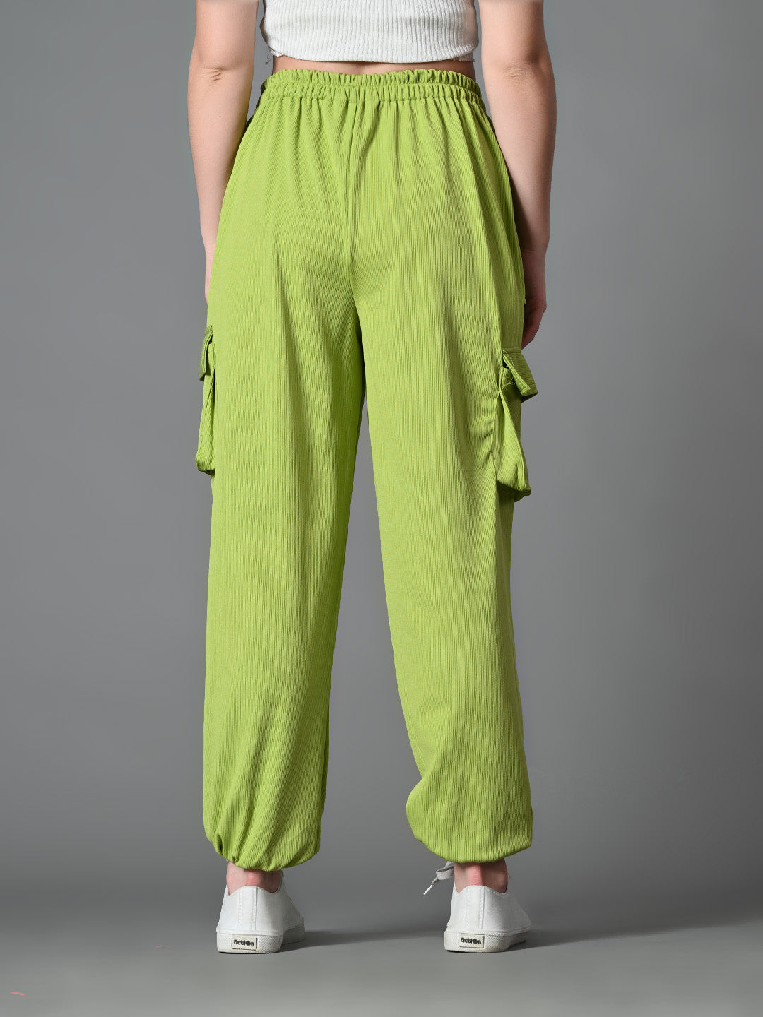 Myshka Women's Solid Ribbed High-Rise Cargo Style Casual Trousers in Green Color | Grocsy
