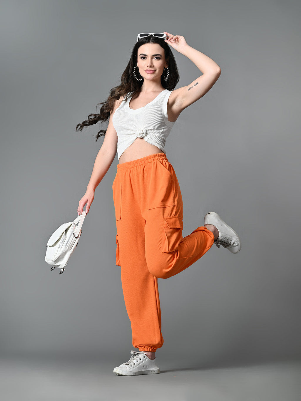 Myshka Women's Solid Ribbed High-Rise Cargo Style Casual Trousers in Orange Color | Grocsy