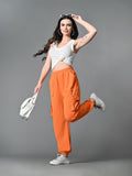 Myshka Women's Solid Ribbed High-Rise Cargo Style Casual Trousers in Orange Color | Grocsy