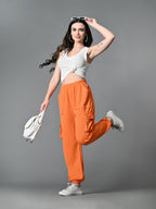 Myshka Women's Solid Ribbed High-Rise Cargo Style Casual Trousers in Orange Color | Grocsy