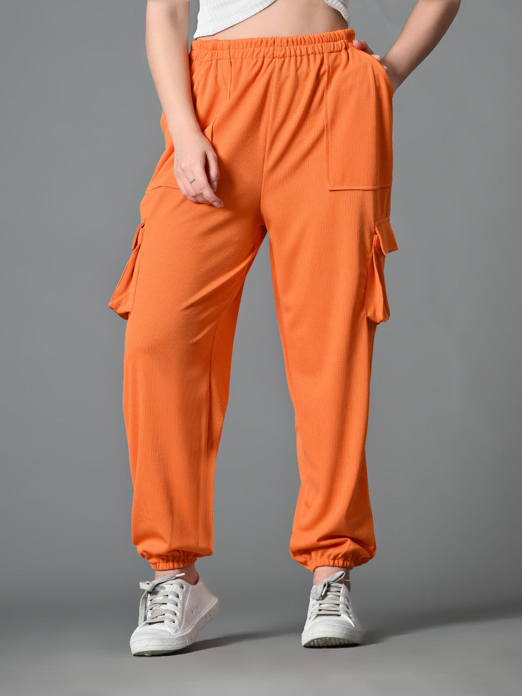 Myshka Women's Solid Ribbed High-Rise Cargo Style Casual Trousers in Orange Color | Grocsy