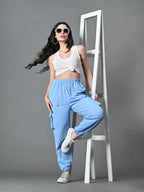Myshka Women's Solid Ribbed High-Rise Cargo Style Casual Trousers in Blue Color | Grocsy