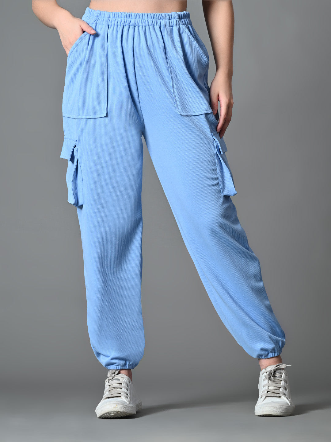 Myshka Women's Solid Ribbed High-Rise Cargo Style Casual Trousers in Blue Color | Grocsy