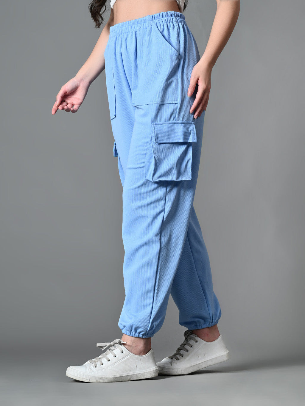 Myshka Women's Solid Ribbed High-Rise Cargo Style Casual Trousers in Blue Color | Grocsy