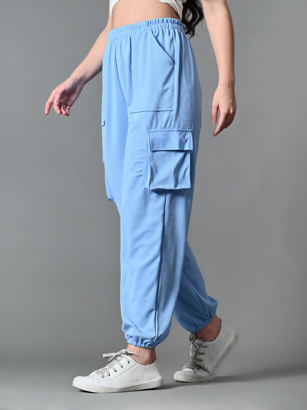 Myshka Women's Solid Ribbed High-Rise Cargo Style Casual Trousers in Blue Color | Grocsy