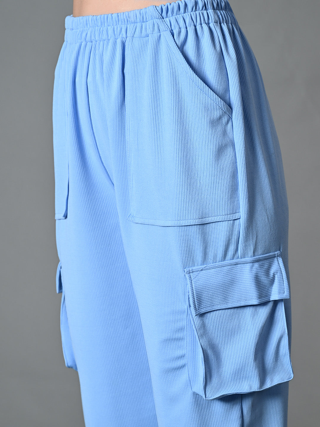 Myshka Women's Solid Ribbed High-Rise Cargo Style Casual Trousers in Blue Color | Grocsy