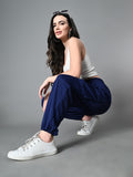 Myshka Women's Solid Ribbed High-Rise Cargo Style Casual Trousers in Navy Blue Color | Grocsy
