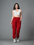 Myshka Women's Solid Ribbed High-Rise Cargo Style Casual Trousers in Maroon Color | Grocsy