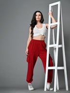 Myshka Women's Solid Ribbed High-Rise Cargo Style Casual Trousers in Maroon Color | Grocsy