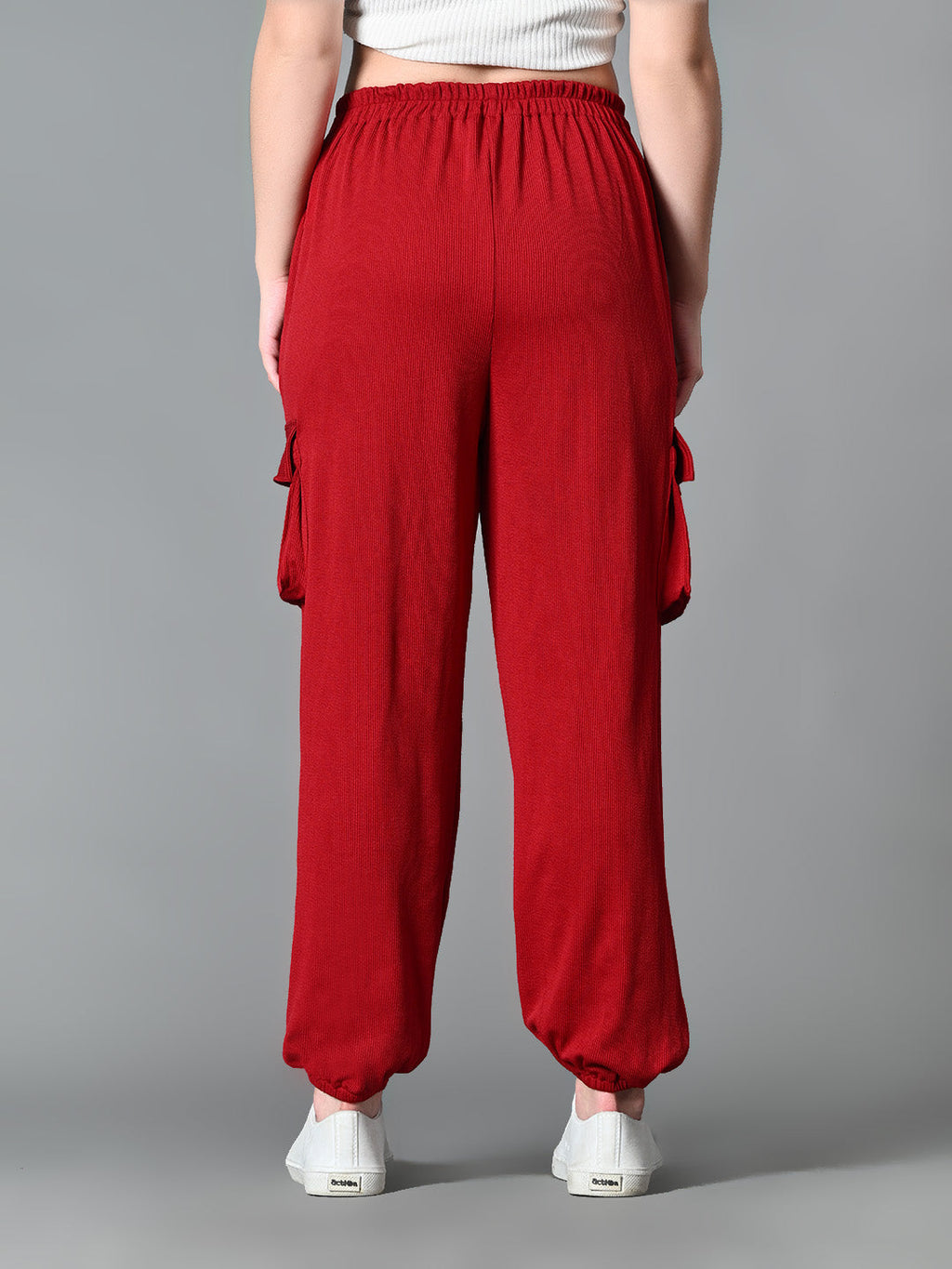 Myshka Women's Solid Ribbed High-Rise Cargo Style Casual Trousers in Maroon Color | Grocsy