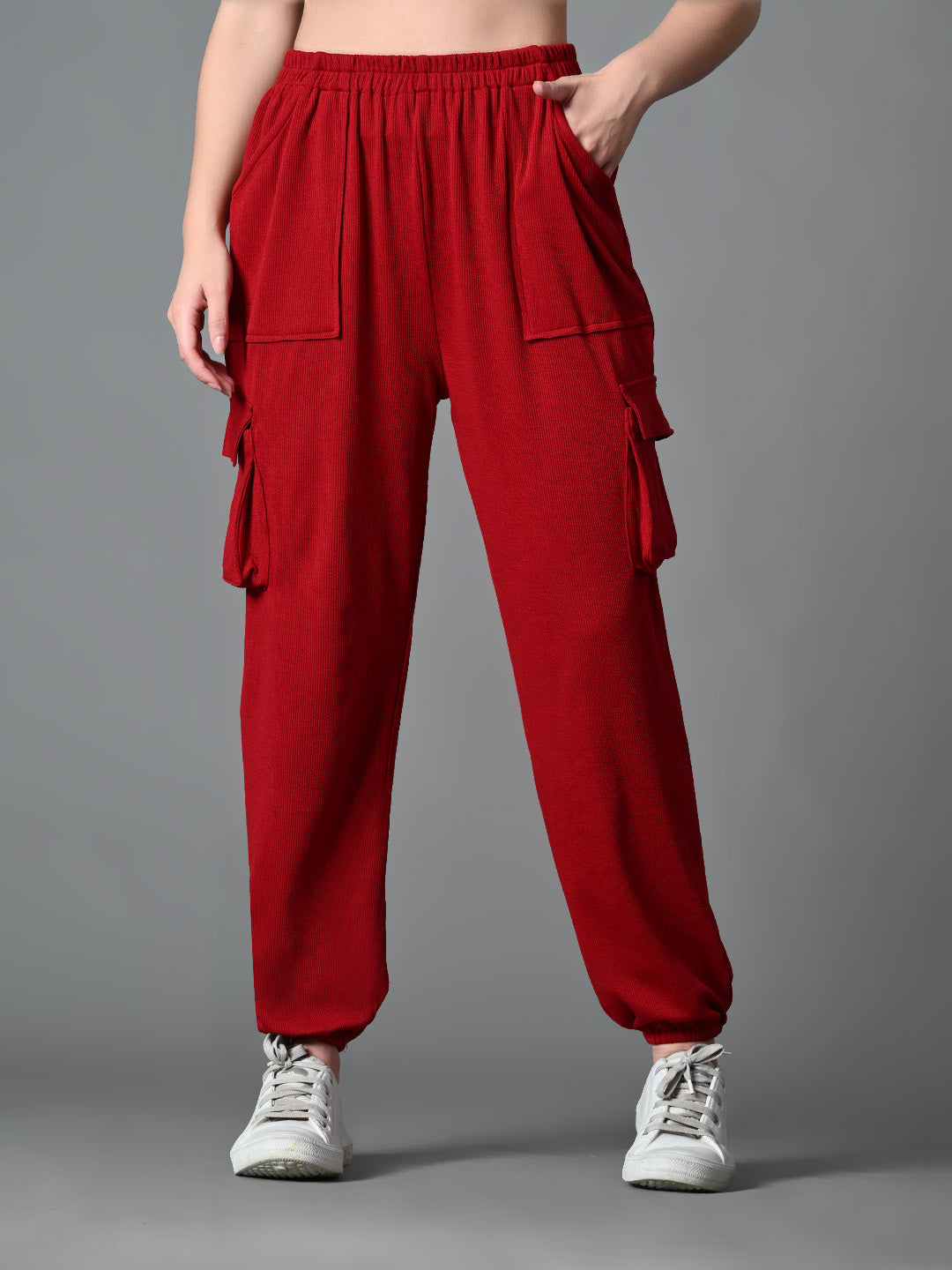 Myshka Women's Solid Ribbed High-Rise Cargo Style Casual Trousers in Maroon Color | Grocsy