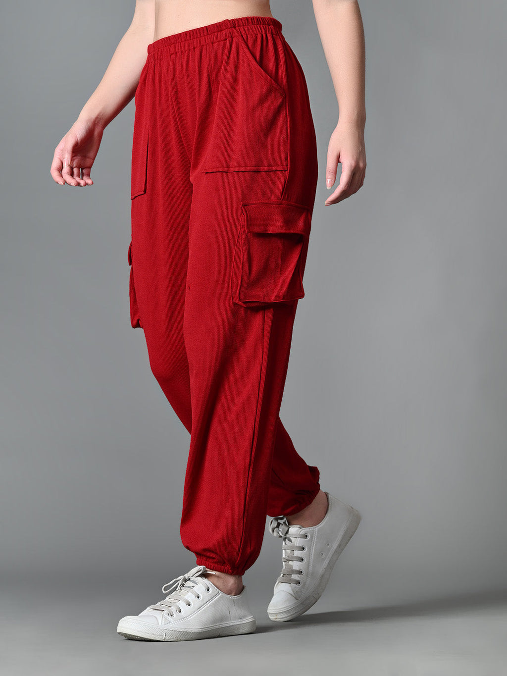 Myshka Women's Solid Ribbed High-Rise Cargo Style Casual Trousers in Maroon Color | Grocsy