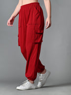 Myshka Women's Solid Ribbed High-Rise Cargo Style Casual Trousers in Maroon Color | Grocsy